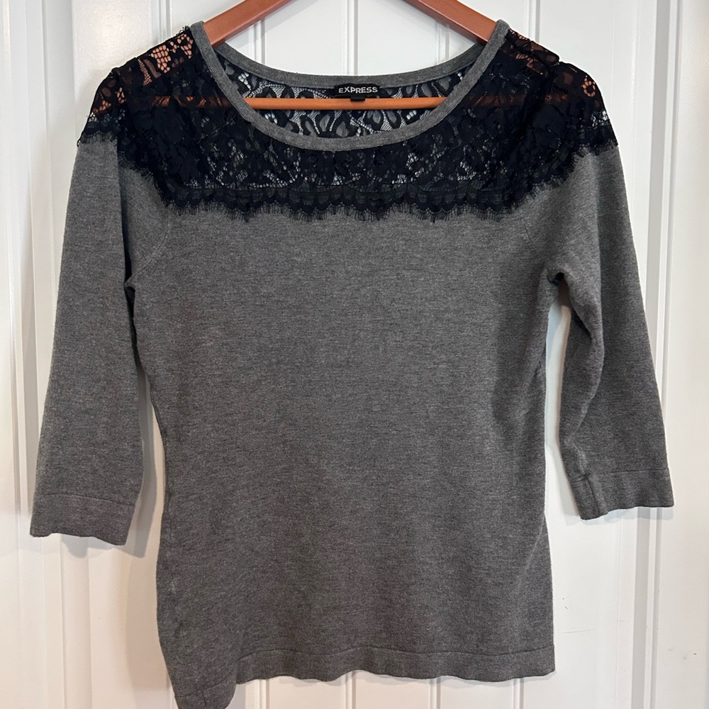 Express Charcoal and Black Lace Women's Blouse